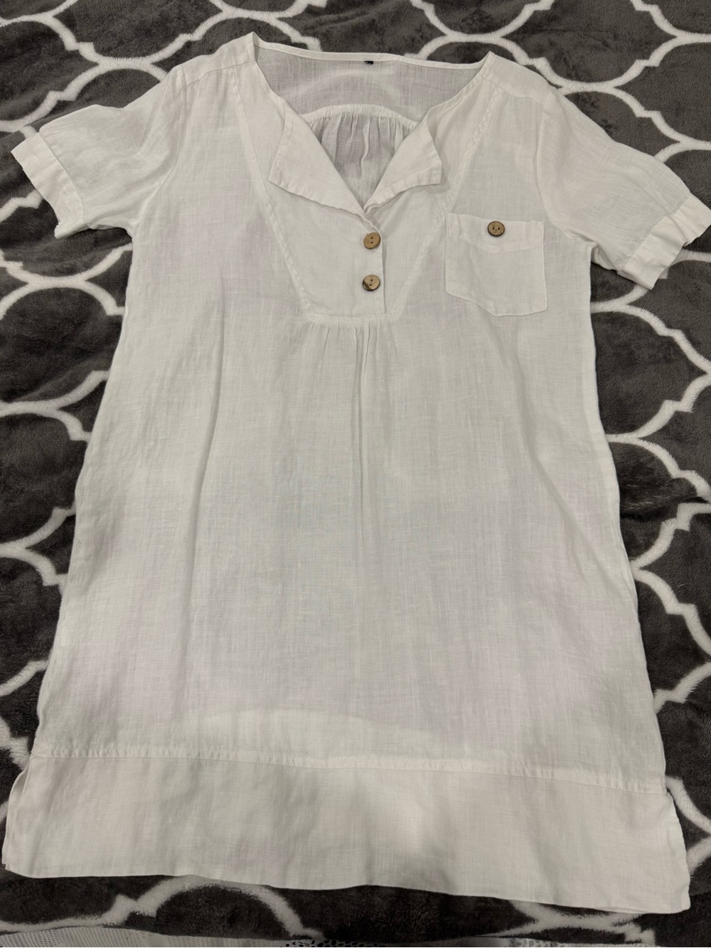 Linen White Short Sleeve Button-Front Dress,small